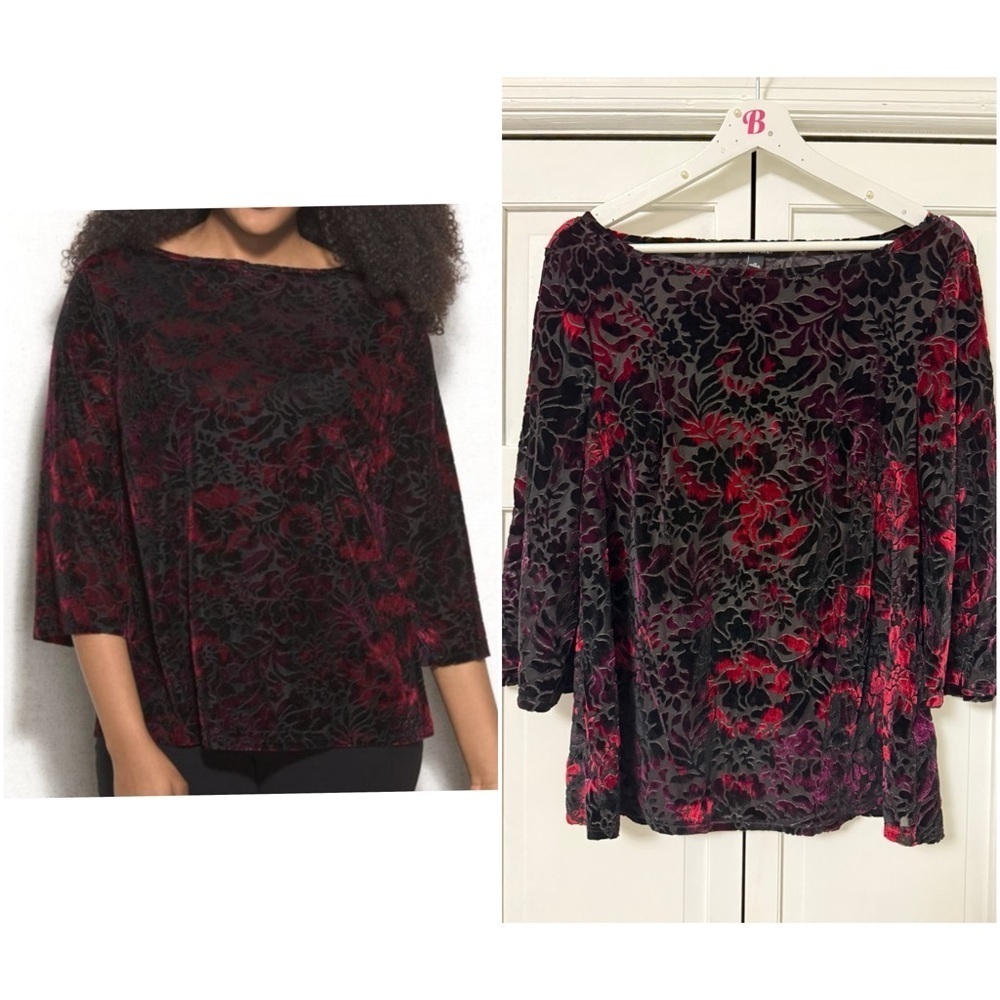 Roz & Ali Black Red 3/4 Sleeve Floral Velvet Burnout Whimsigoth Fairy Grunge Med